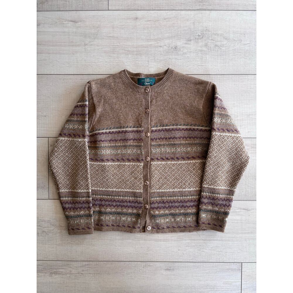 Vintage Orvis Fair Isle Wool Sweater Cozy Brown & Tan Cardigan Button Up Size M